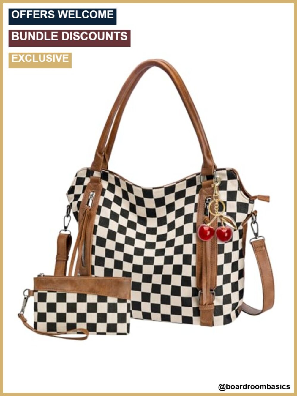 Faux Leather Checkered Crossbody Bag with Wallet Cherry Charm